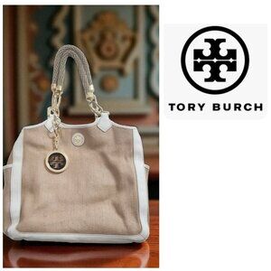 Tory Burch Natural & White Channing Straw & Leather Tote